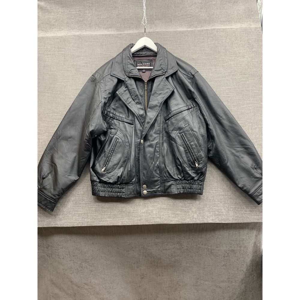 Wilsons Leather Bomber Jacket Mens XL Black Leather Pockets Winter Full Zip